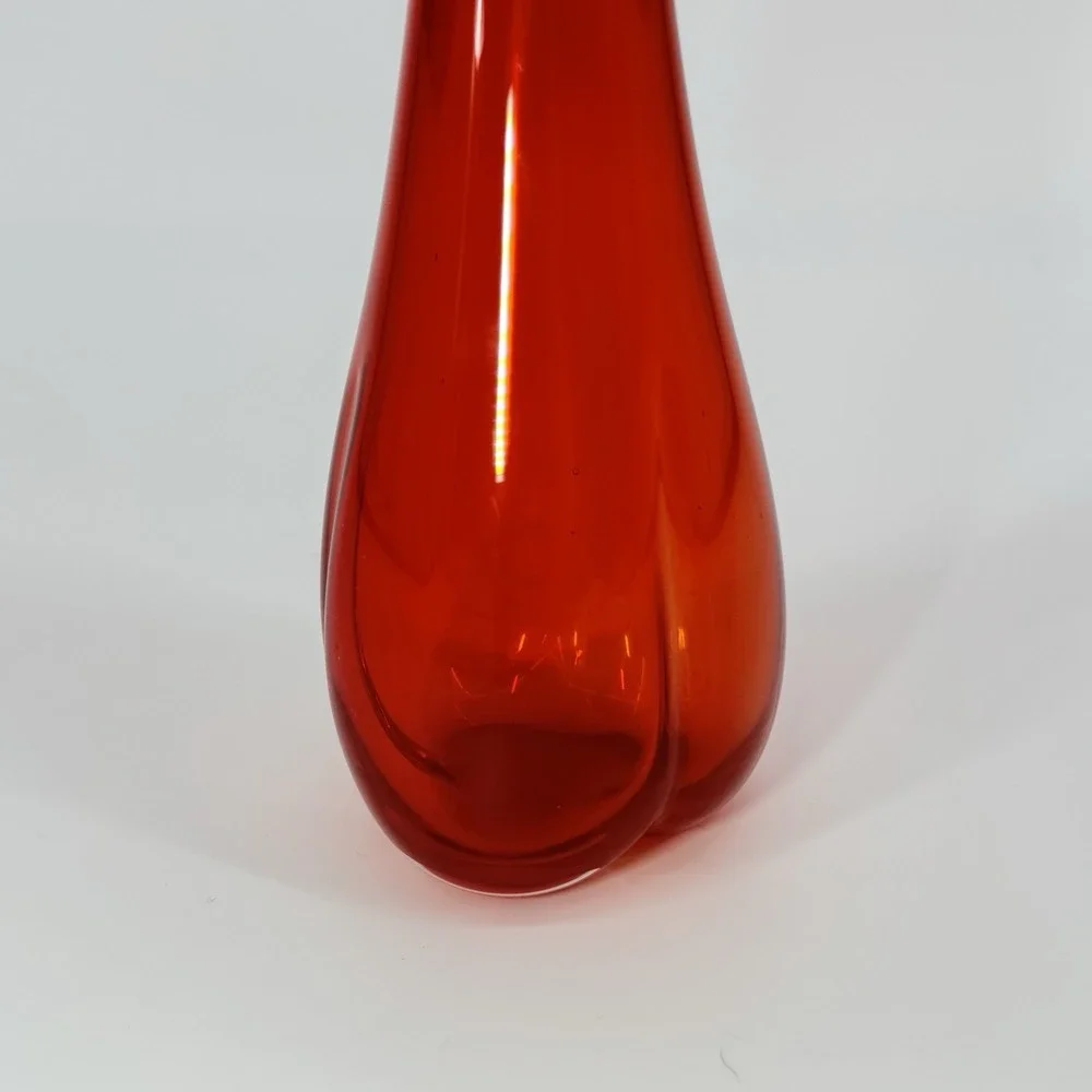 Vintage Red Orange Art Glass Vase Hand Blown Sculptural Flared Rim 12